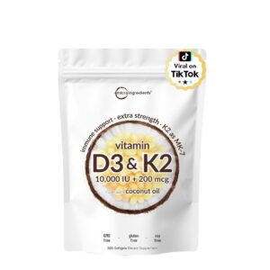 Vitamin D3 10000 iu Plus K2 (MK-7) 200 mcg, 300 Virgin Coconut Oil Softgels| 2 in 1 Vitamins D & K Complex | Supports Calcium Absorption, Bone, Immune, & Heart Health – Easy to Swallow